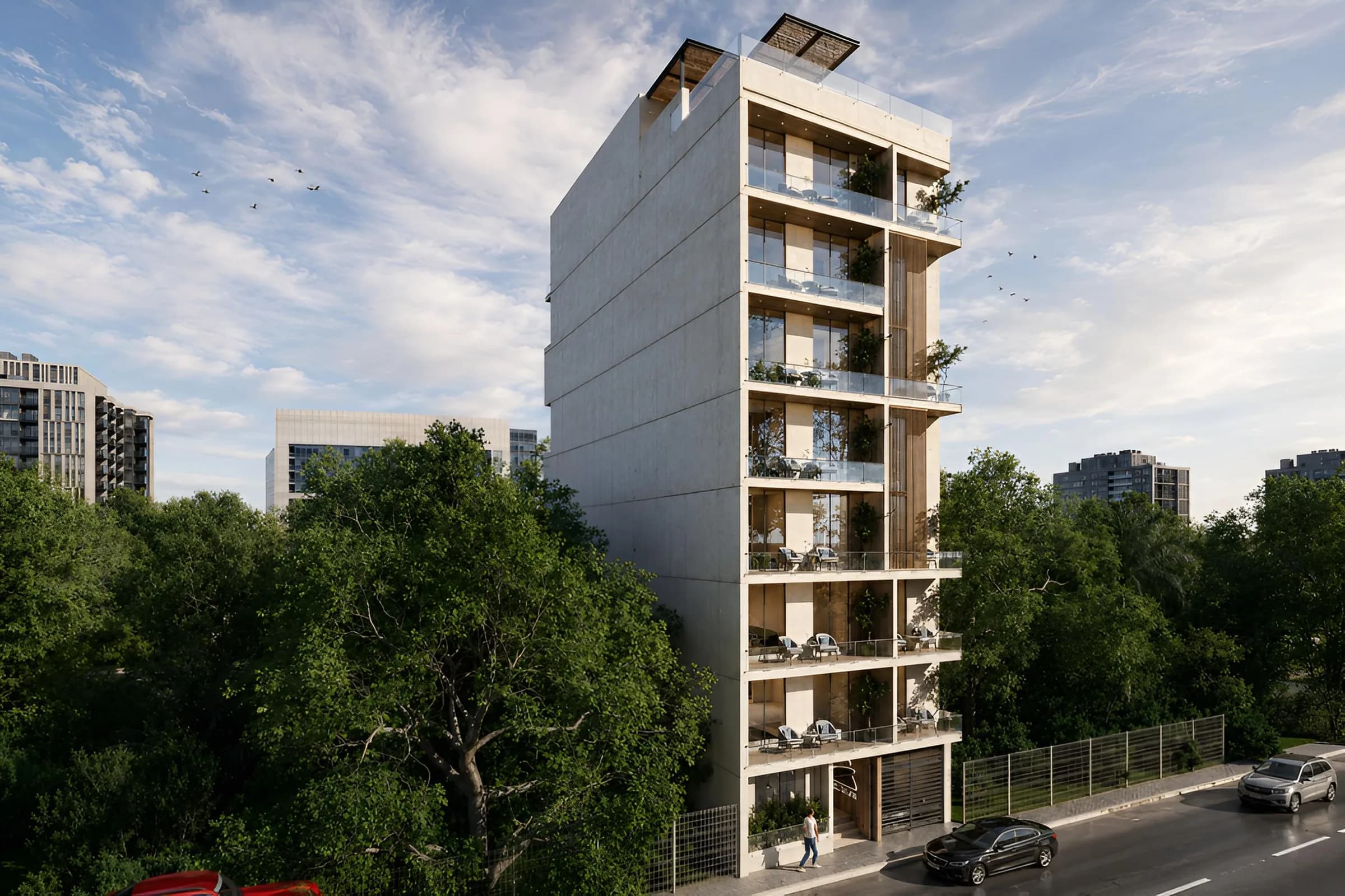 Render de la fachada de Zen Park en perspectiva desde la calle: muro lateral de concreto, balcones con vegetación y pérgolas en el rooftop